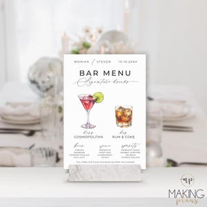Signature Drinks List Wedding Bar Menu Printable DIY Cocktail Sign Minimalist Canva Template Instant Download Reception Signage MN04