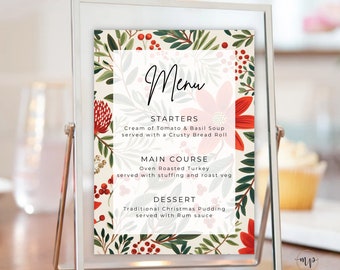Printable Christmas Menu Template for Christmas Dinner Menu Card with Christmas Greenery Holiday Menu Card Instant Download CH011