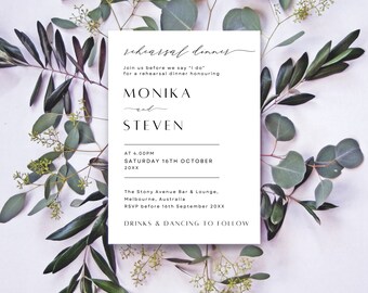 Modern Rehearsal Dinner Invitation, Minimalist Dinner Invite, The Night Before Wedding Rehearsal Invite, Editable Template, Electronic MN02