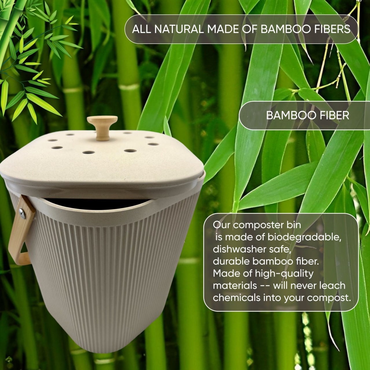 Kitchen Compost Bin With Charcoal Filters Sustainable Bamboo Fiber  Countertop Food Composter Indoor Compost Bucket Trash Can 1.7 Gal 
