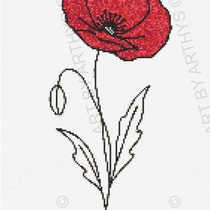 Poppy Cross Stitch Pattern – Floral Embroidery PDF – Red Flower Needlepoint Design – Modern Botanical Cross Stitch – Instant Download