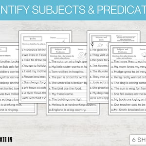 May include: Black and white printable worksheets for identifying subjects and predicates in sentences. The worksheets feature a snail illustration and the text "Identify Subjects & Predicates".