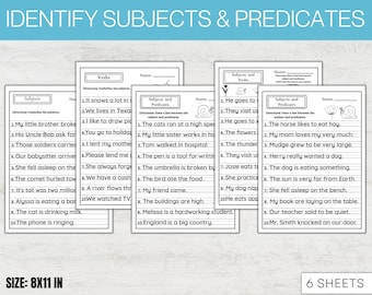 May include: Black and white printable worksheets for identifying subjects and predicates in sentences. The worksheets feature a snail illustration and the text "Identify Subjects & Predicates".
