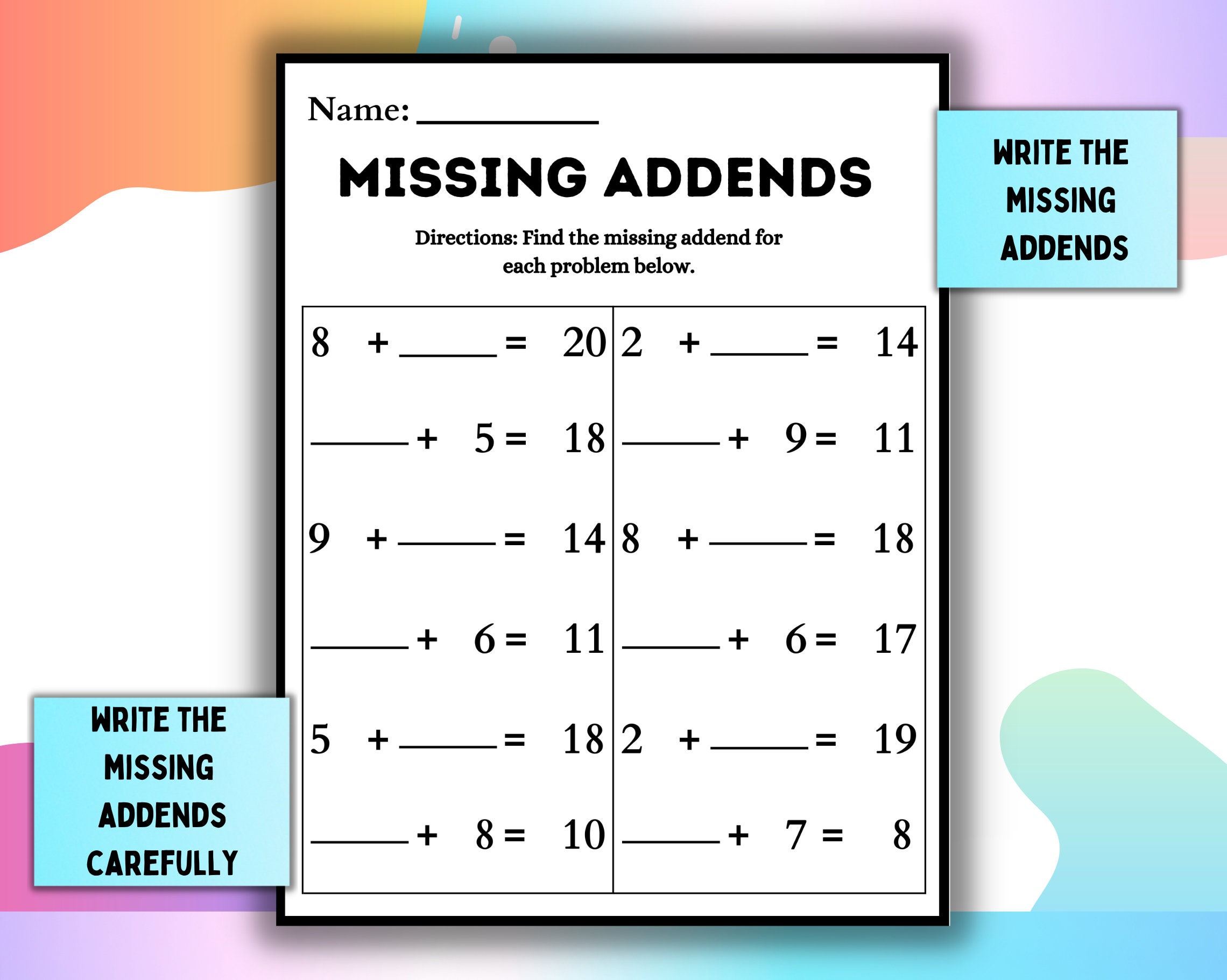 15 Printable Missing Addends Worksheets, for Kindergarten-1st Grade-2nd