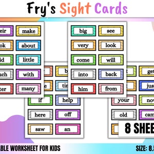 May include: Eight printable sheets of Fry's Sight Words flashcards. Each sheet features 8 colourful cards with a different sight word on each card. The words include "their", "make", "big", "see", "look", "about", "very", "did", "little", "come", "will", "much", "with", "into", "back", "get", "after", "many", "him", "from", "just", "if", "help", "your", "now", "here", "off", "old", "came", "saw", and "an".