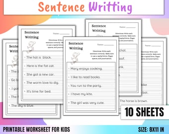 May include: Printable worksheet for kids with 10 sheets of sentence writing exercises. Each sheet features a different set of sentences with blank lines for writing. The sentences include simple words and phrases like "The hat is black" and "Mary enjoys cooking".