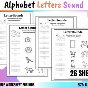26 Alphabet Letter Sounds Worksheets Printable, Preschool Worksheets, Kindergarten Worksheets, Kindergarten Phonics