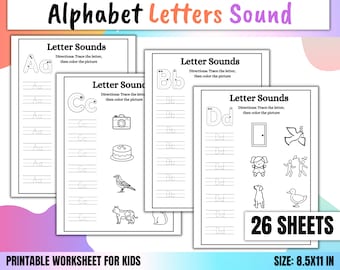26 Alphabet Letter Sounds Worksheets Printable, Preschool Worksheets, Kindergarten Worksheets, Kindergarten Phonics