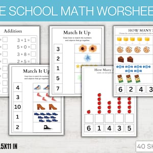 May include: A set of printable preschool math worksheets with a variety of activities, including addition problems, counting objects, and matching numbers to pictures. The worksheets are designed to help children learn basic math skills. The size of each worksheet is 8.5 x 11 inches. There are 40 sheets in total.