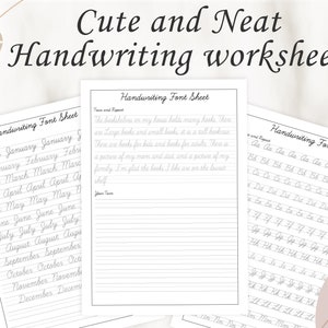 Könnte beinhalten: Drei druckbare Schreibübungsblätter mit dem Titel "Cute and Neat Handwriting Worksheets". Das erste Blatt zeigt die Monate des Jahres, das zweite Blatt enthält den Text "The bookshelves in my home holds many books. There are large books and small books. It is a tall bookcase. There are books for kids and books for adults. There is a picture of my mom and dad and a picture of my family. I'm glad the books are on the lowest shelf." Das dritte Blatt zeigt das Alphabet in Schreibschrift.