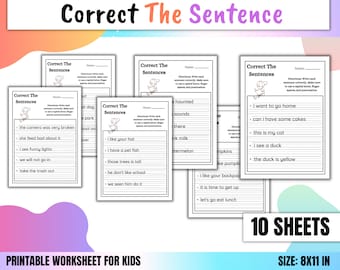 May include: Printable worksheet for kids with 10 sheets of grammar exercises. Each sheet features a cartoon duck and asks children to correct sentences by writing them correctly on the lines provided. The worksheet is 8 inches by 11 inches.