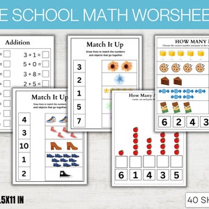 May include: A set of printable preschool math worksheets with a variety of activities, including addition problems, counting objects, and matching numbers to pictures. The worksheets are designed to help children learn basic math skills. The size of each worksheet is 8.5 x 11 inches. There are 40 sheets in total.