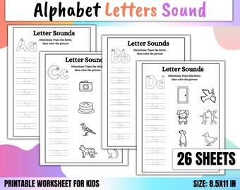 24 Alphabet Letter Sounds Worksheets Printable, Preschool Worksheets, Kindergarten Worksheets, Kindergarten Phonics