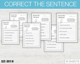 May include: Ten printable worksheets with a cartoon duck on each page. Each worksheet has a set of sentences with grammatical errors. The instructions are to write each sentence correctly, using a capital letter, finger spaces, and punctuation.