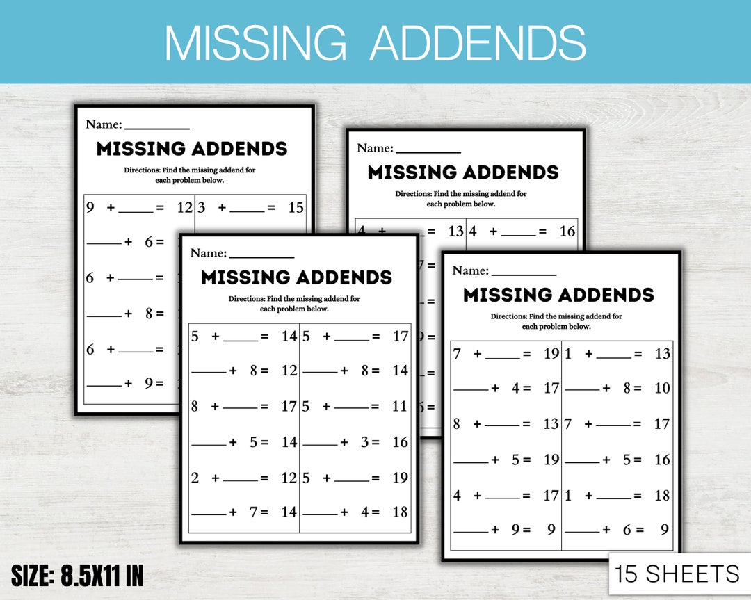 15 Printable Missing Addends Worksheets, for Kindergarten1st Grade2nd Grade Math. Addition