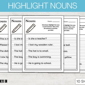 10 Printable Highlight the Nouns Worksheets, 1st, 2nd Grade, Preschool Worksheets, Kindergarten Worksheets, ELA Worksheets, Instant Download