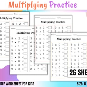May include: A set of 26 printable worksheets for kids to practice multiplication. Each worksheet features a variety of multiplication problems with blank spaces for answers. The worksheets are labeled "Multiplying Practice" and include the words "Name" and "Date" at the top.