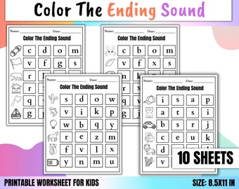 10 Printable Ending Sounds Worksheets, Initial Sound Practice, Preschool-1st Grade Phonics, Homeschool Activities, Kindergarten Phonics