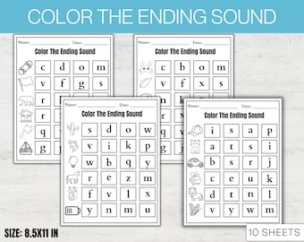 10 Printable Ending Sounds Worksheets, Initial Sound Practice, Preschool-1st Grade Phonics, Homeschool Activities, Kindergarten Phonics