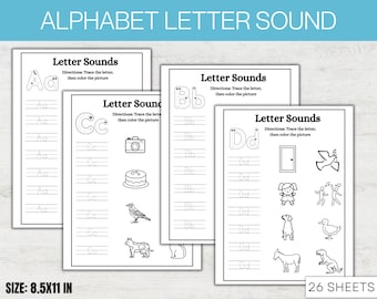 26 Alphabet Letter Sounds Worksheets Printable, Preschool Worksheets, Kindergarten Worksheets, Kindergarten Phonics