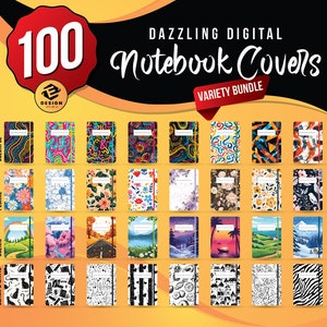 Puede incluir: Una colección de 100 portadas de cuaderno digital en un paquete variado. Las portadas presentan diseños coloridos, florales, escénicos y en blanco y negro.