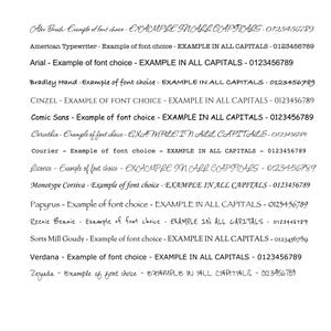 May include: A black text list displaying various font styles including Alex Brush, American Typewriter, Arial, Bradley Hand, Cinzel, Comic Sans, Corinthia, Courier, Licorice, Monotype Corsiva, Papyrus, Reenie Beanie, Sorts Mill Goudy, Verdana, and Zeyada.