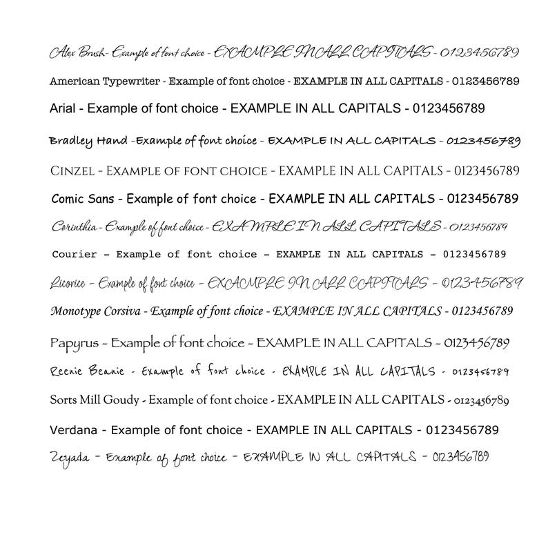 May include: A black text list displaying various font styles including Alex Brush, American Typewriter, Arial, Bradley Hand, Cinzel, Comic Sans, Corinthia, Courier, Licorice, Monotype Corsiva, Papyrus, Reenie Beanie, Sorts Mill Goudy, Verdana, and Zeyada.