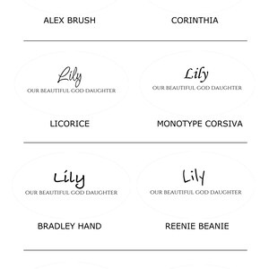 May include: A font choice illustration chart displaying eight different black typeface styles for the name Lily and the text OUR BEAUTIFUL GOD DAUGHTER. The fonts include Alex Brush, Corinthia, Licorice, Monotype Corsiva, Bradley Hand, Reenie Beanie, Zeyada, and Papyrus.