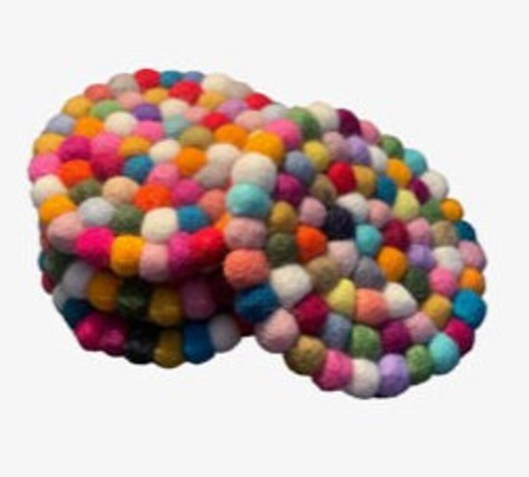 Spring Wool Coasters Handcrafted 100% Wool Circular Coasters With Multicolored Wool Balls ...
