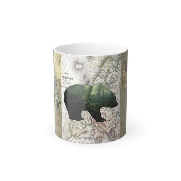 Mug évolutif couleur, 11 oz Mug thermoréactif avec carte vintage représentant un éléphant, une girafe et un ours.