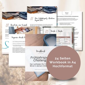 Könnte beinhalten: Ein rosa-weißes Workbook mit dem Titel "Frühjahrsputz Challenge" und dem Text "24 Seiten Workbook in A4 Hochformat". Das Workbook ist ein Leitfaden für eine Frühjahrsputz-Challenge.