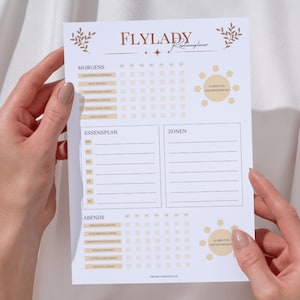 Può includere: Un planner stampabile bianco con il testo "FLYLADY Routineplaner" in lettere marroni. Il planner è diviso in sezioni per "Morgens", "EssensPlan", "Zonen" e "Abends". Ogni sezione ha una griglia di quadrati per i compiti quotidiani e uno spazio per le note.