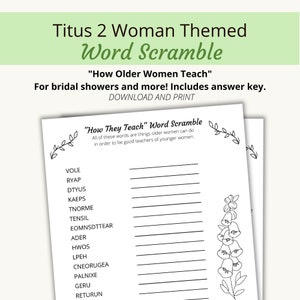 Titus 2 Woman Themed Printable Word Scramble "How They Teach" | Wedding Shower Games | "Floral and Flourish" | PDF, Letter size (8.5x11) |