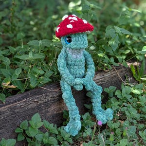 Pu&ograve; includere: Una creatura a forma di fungo fatta a mano all'uncinetto, con un cappello rosso a pois bianchi, corpo blu e grandi occhi blu. Il peluche &egrave; seduto su un tronco circondato da verde. Ha gambe e braccia lunghe.
