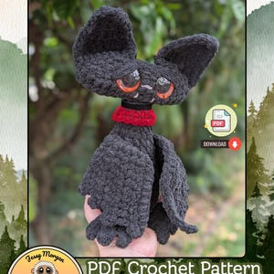 Könnte beinhalten: Ein dunkelgraues gehäkeltes Plüschtier in Fledermausform mit großen orangefarbenen Augen, einem roten Spitzenkragen und einem schwarzen Halsband. Der Text Belfry the Cat Bat steht oben und PDF Crochet Pattern by Jessica Morgan of Mo2 Designs unten.