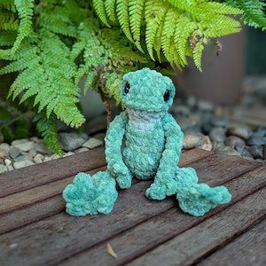 Pu&ograve; includere: Una rana all'uncinetto turchese fatta a mano con occhi blu &egrave; seduta su una superficie di legno. La rana ha un aspetto strutturato e morbido, con le braccia e le gambe distese. Felci e vegetazione forniscono uno sfondo naturale.