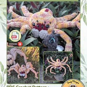 May include: A PDF crochet pattern titled Hugo the Baby Huntsman, designed by Jessica Morgan of Mo2 Designs. The image features a large, multi-colored plush spider with eight legs, dark eyes, and a smaller dark grey plush spider companion.