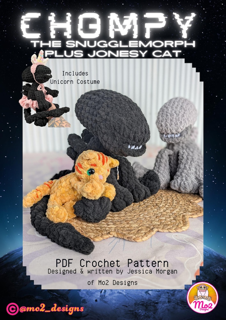 May include: A crochet pattern image featuring the text "CHOMPY THE SNUGGLEMORPH PLUS JONESY CAT." The image shows three crocheted figures: a black alien-like creature, a gray alien-like creature, and an orange cat. The pattern includes a unicorn costume.