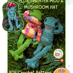 May include: A crochet pattern cover featuring three frog plushies. One frog wears a mushroom hat, another a colorful sweater and mushroom hat, and the third is plain. The text reads "Tiddalik the Frog" and "PDF Crochet Pattern".