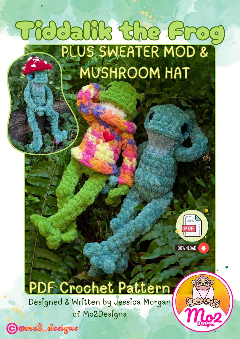 Pu&ograve; includere: Una copertina di modello all'uncinetto con tre peluche a forma di rana. Una rana indossa un cappello a fungo, un'altra un maglione colorato e un cappello a fungo, e la terza &egrave; semplice. Il testo recita "Tiddalik the Frog" e "PDF Crochet Pattern".