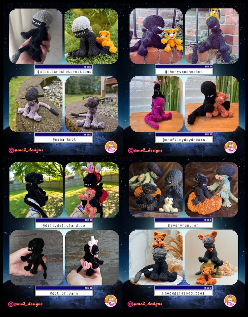 May include: A collection of handmade crochet creatures in various colors, including black, purple, and gray. Some creatures are paired with small, orange crochet animals. The image features multiple product photos with different backgrounds and creator handles.