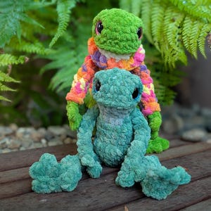 Pu&ograve; includere: Due peluche a forma di rana fatti a mano all'uncinetto. Uno &egrave; verde con un maglione colorato, l'altro &egrave; verde acqua. Le rane hanno grandi occhi neri e sono sedute su una superficie di legno. Felci sullo sfondo.
