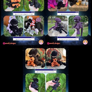 May include: A collection of handmade crochet plush toys, including black and colored alien-like creatures, some holding smaller teddy bears. The toys are displayed in various settings, with text overlays indicating the creators' social media handles.