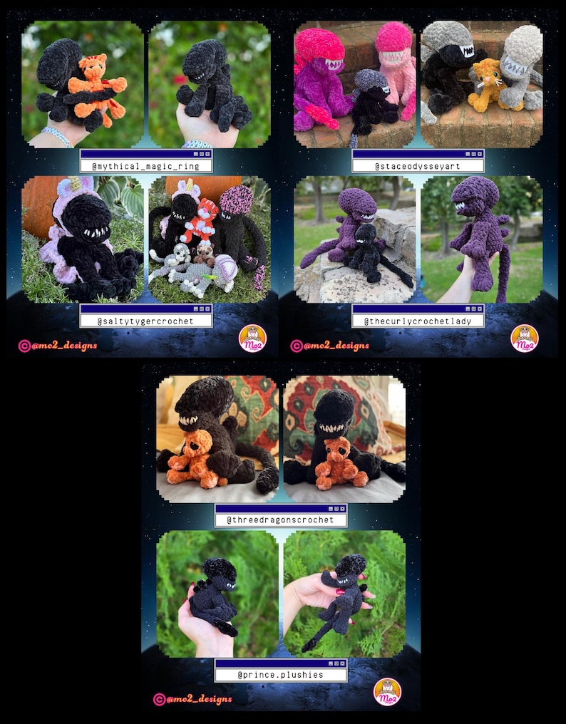 May include: A collection of handmade crochet plush toys, including black and colored alien-like creatures, some holding smaller teddy bears. The toys are displayed in various settings, with text overlays indicating the creators' social media handles.
