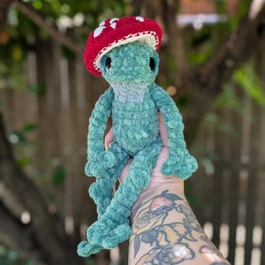 Pu&ograve; includere: Una bambola a forma di rana all'uncinetto fatta a mano, nei toni del verde acqua e del verde, con un cappello a fungo rosso a pois bianchi. Il peluche ha gli occhi blu ed &egrave; progettato con un filato morbido e strutturato. La rana &egrave; seduta con le gambe distese.