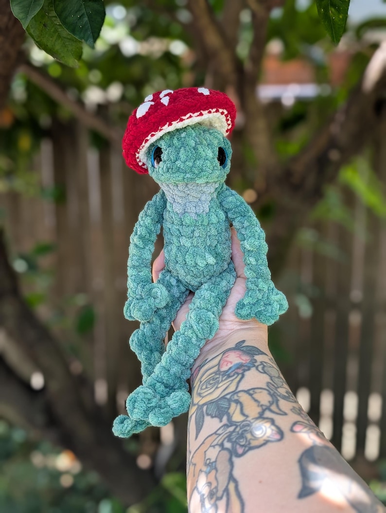 Pu&ograve; includere: Una bambola a forma di rana all'uncinetto fatta a mano, nei toni del verde acqua e del verde, con un cappello a fungo rosso a pois bianchi. Il peluche ha gli occhi blu ed &egrave; progettato con un filato morbido e strutturato. La rana &egrave; seduta con le gambe distese.
