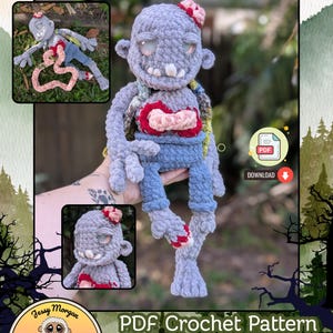 Puede incluir: Un patrón de ganchillo titulado Grisly Gideon que presenta una muñeca zombi gris con intestinos rosas expuestos, dientes blancos y un parche de cerebro rosa. El documento incluye un icono de PDF, texto de Jessica Morgan y derechos de autor.