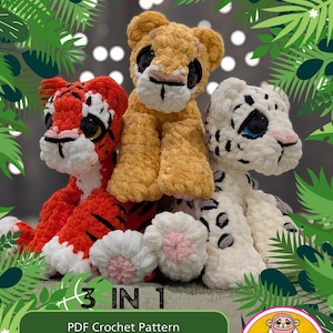 May include: Image features three crocheted cub toys: a tiger, a lion, and a snow leopard. The tiger is red and white, the lion is tan, and the snow leopard is white with black spots. The text "Dotty the Cub" is at the top, with "3 IN 1" and pattern details below.