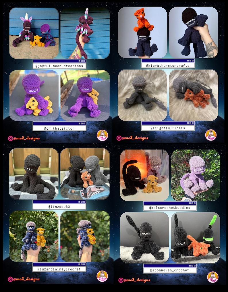 May include: A collection of handmade crochet plush toys in various colors, including purple, black, gray, and orange. Some toys have a creature-like design with multiple arms and open mouths. Other toys have a teddy bear design. The toys are displayed on a blue background.