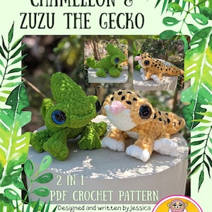 May include: A crochet pattern for Momo the Chameleon and Zuzu the Gecko. The image displays two crocheted toys: a green chameleon with blue eyes and a tan and brown gecko. The text reads "2 in 1 PDF Crochet Pattern".